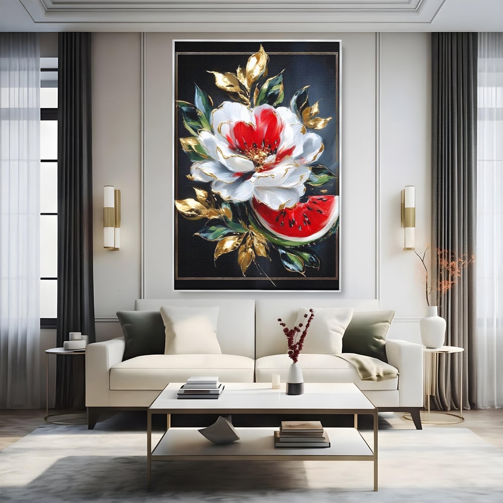 Tablou canvas cu tablou canvas cu floare si pepene, in rama de aluminiu argintiu, pe perete intr-un living